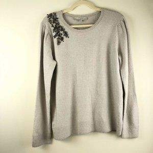 Loft Pullover Rouched Sleeve Rhinestone Sweater